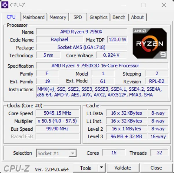 AMD Ryzen 9 7950X3D CPU-Z Screenshot