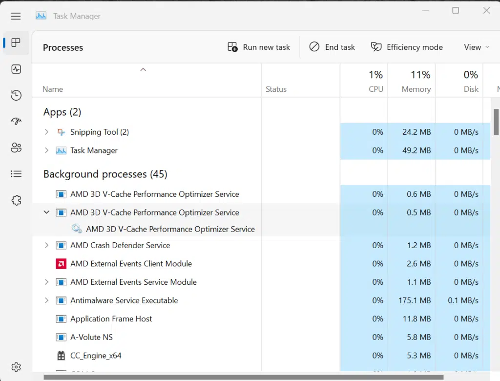 AMD Ryzen 9 7950X3D Task Manager Processes