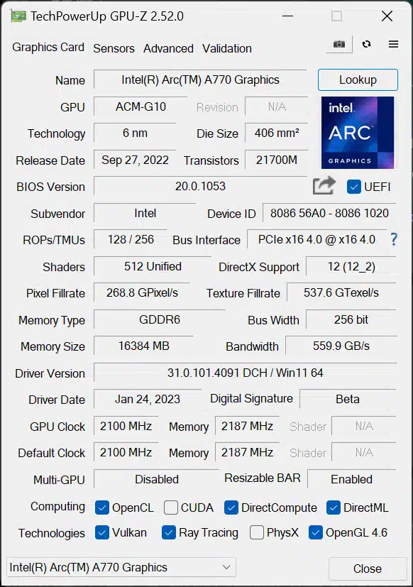 Intel Arc A770 16GB Limited Edition Video Card GPU-Z Screenshot