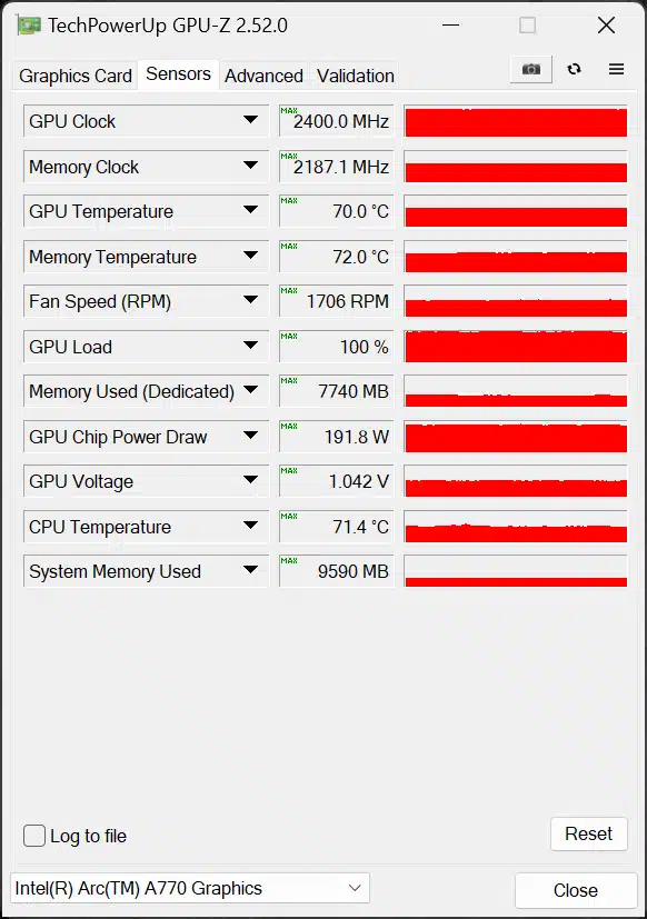 Intel Arc A770 16GB Limited Edition Video Card GPU-Z Sensors Screenshot
