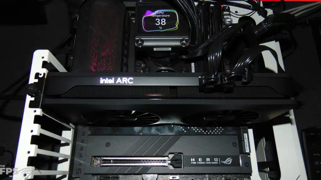 Intel Arc A750 Limited Edition Video Card Installed in Computer Top of Card