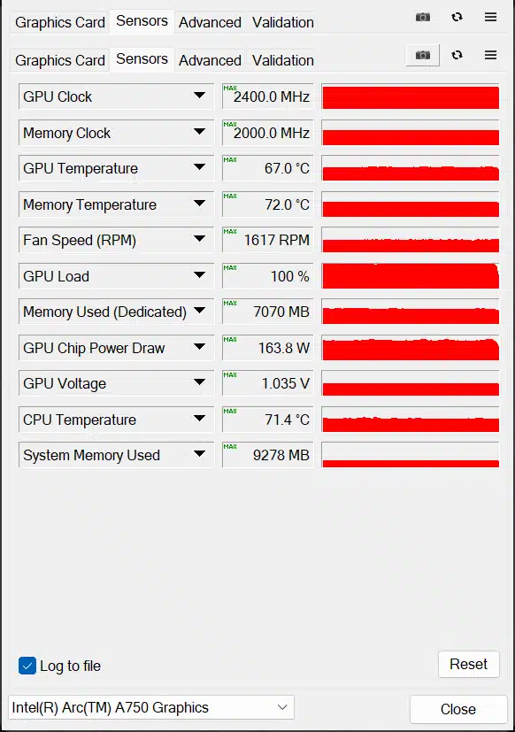 Intel Arc A750 Limited Edition Video Card GPU-Z sensor data screenshot