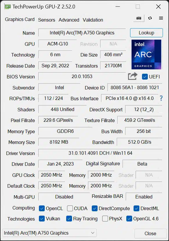 Intel Arc A750 Limited Edition Video Card GPU-Z Screenshot