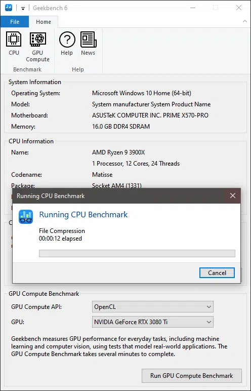 Geekbench 6 Program Running CPU Benchmark Screenshot