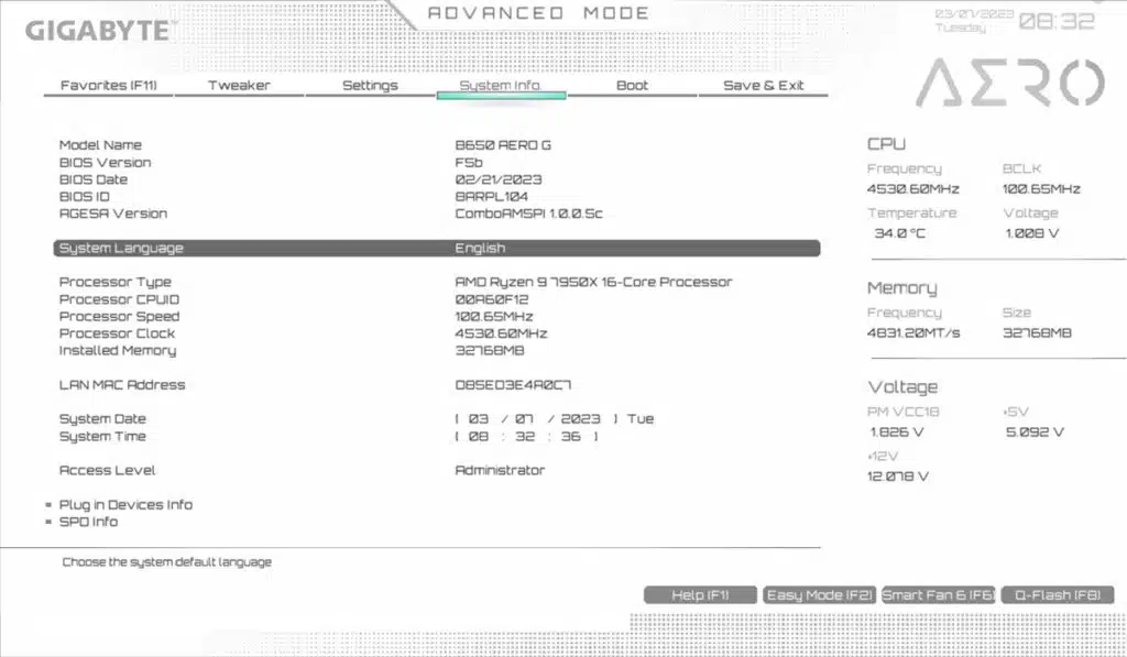 GIGABYTE B650 AERO G BIOS