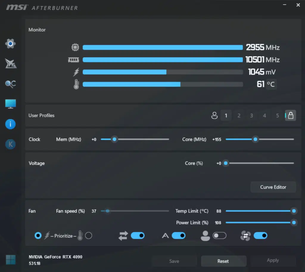 MSI GeForce RTX 4090 SUPRIM X: Afterburner capture
