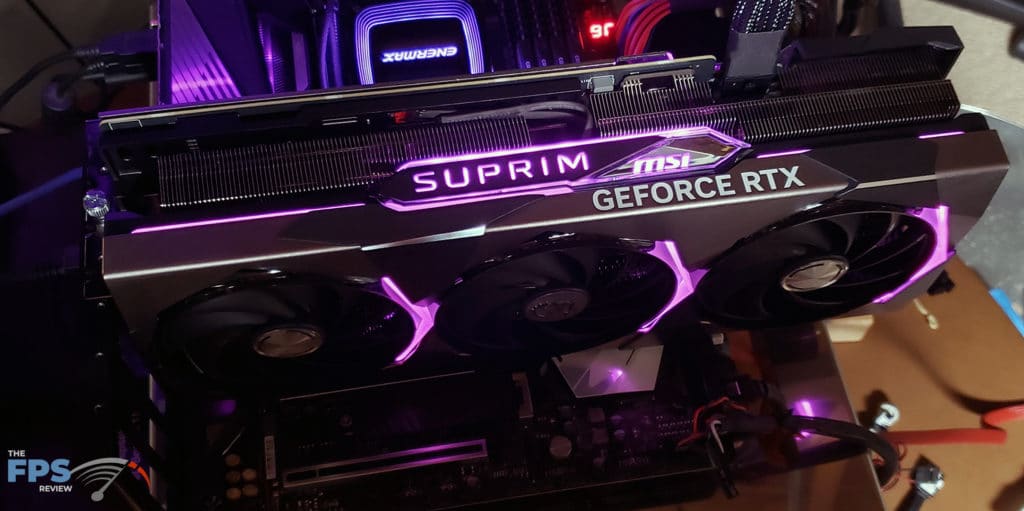 MSI GeForce RTX 4090 SUPRIM X: card in computer, RGB top