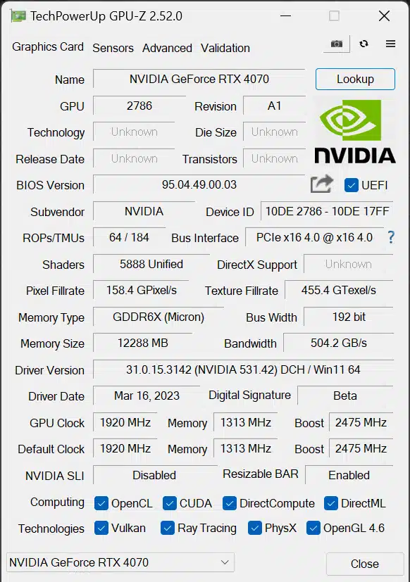 NVIDIA GeForce RTX 4070 Founders Edition GPUz
