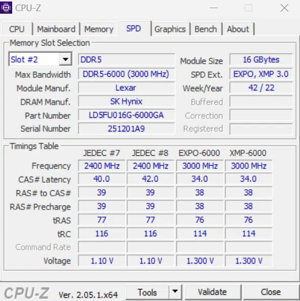 Lexar ARES RGB DDR5 32GB (2x16GB) 6000MHz Memory AMD CZPUZ SPD tab
