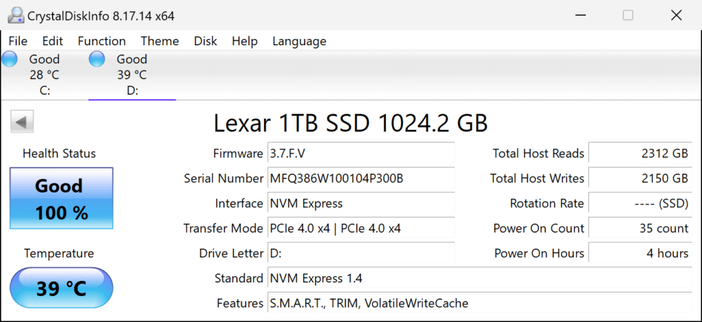 Lexar Professional NM800 PRO 1TB Gen4x4 NVMe M.2 SSD with Heatsink CrystalDiskInfo