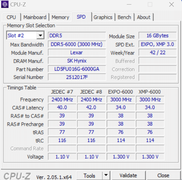 Lexar ARES RGB DDR5 32GB (2x16GB) 6000MHz Memory Intel CZPUZ CPUZ tab