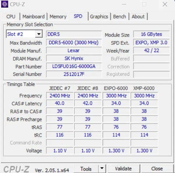 Lexar ARES RGB DDR5 32GB (2x16GB) 6000MHz Memory Intel CZPUZ CPUZ tab