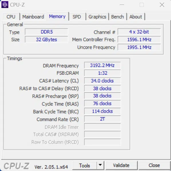 Lexar ARES RGB DDR5 32GB (2x16GB) 6000MHz Memory Overclocked CPUZ Memory Tab