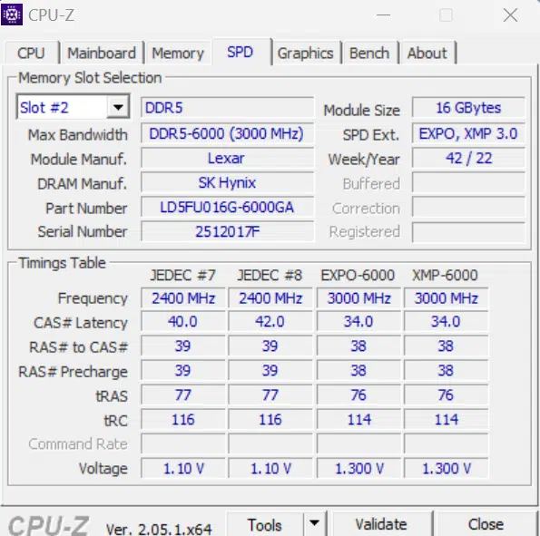 Lexar ARES RGB DDR5 32GB (2x16GB) 6000MHz Memory Overclocked CPUZ SPD Tab