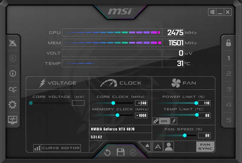 MSI Afterburner Screenshot of NVIDIA GeForce RTX 4070 Founders Edition Overclocked