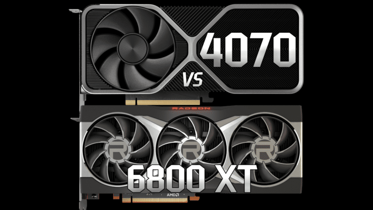 NVIDIA GeForce RTX 4070 Founders Edition and AMD Radeon RX 6800 XT with 4070 and 6800 XT white text