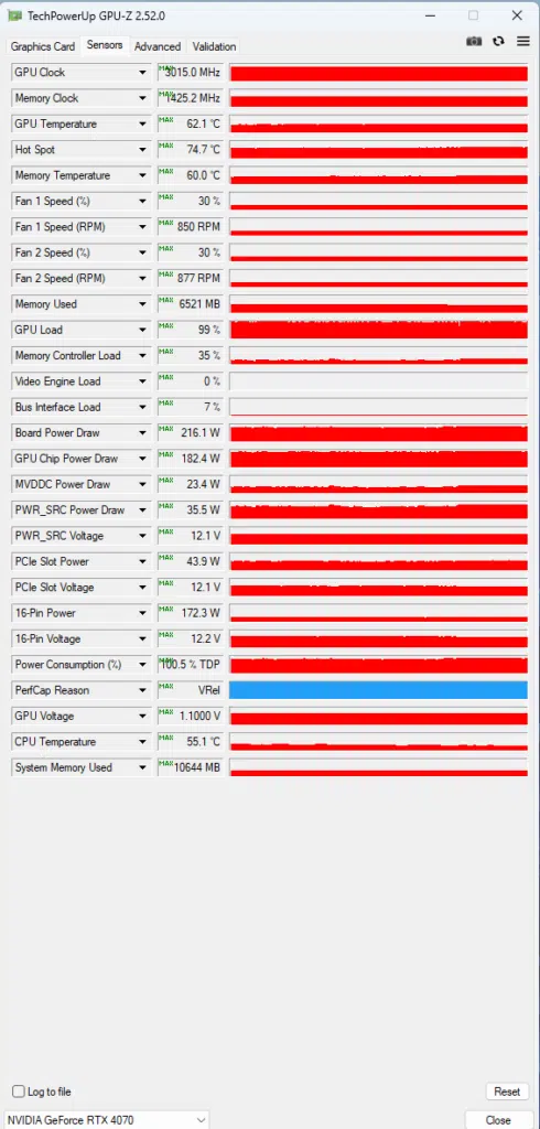MSI GeForce RTX 4070 GMING X Trio 12G : OC GPUZ sensors