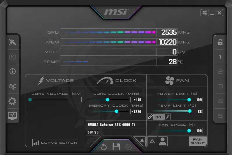 MSI Afterburner Screenshot Overclocking NVIDIA GeForce RTX 4060 Ti Founders Edition
