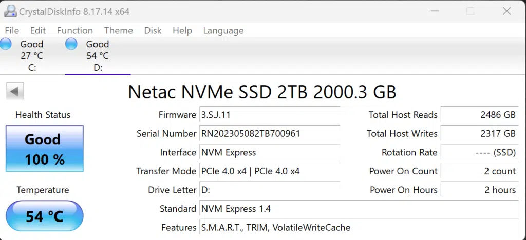 Netac NV7000 2TB PCIe Gen4 M.2 NVMe SSD CrystalDiskInfo