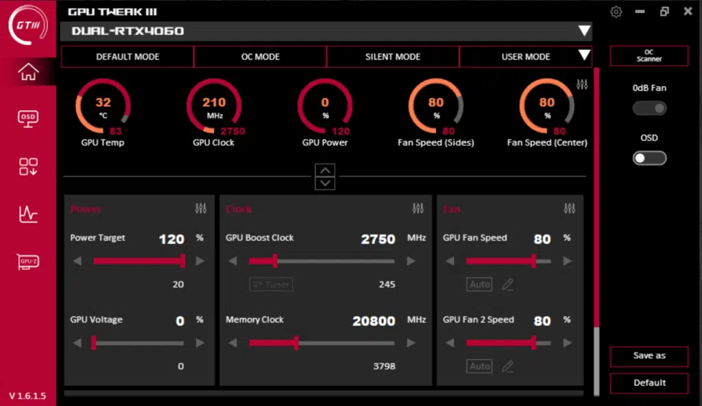 ASUS Dual GeForce RTX 4060 OC Edition Overclocked GPU Tweak III Screenshot
