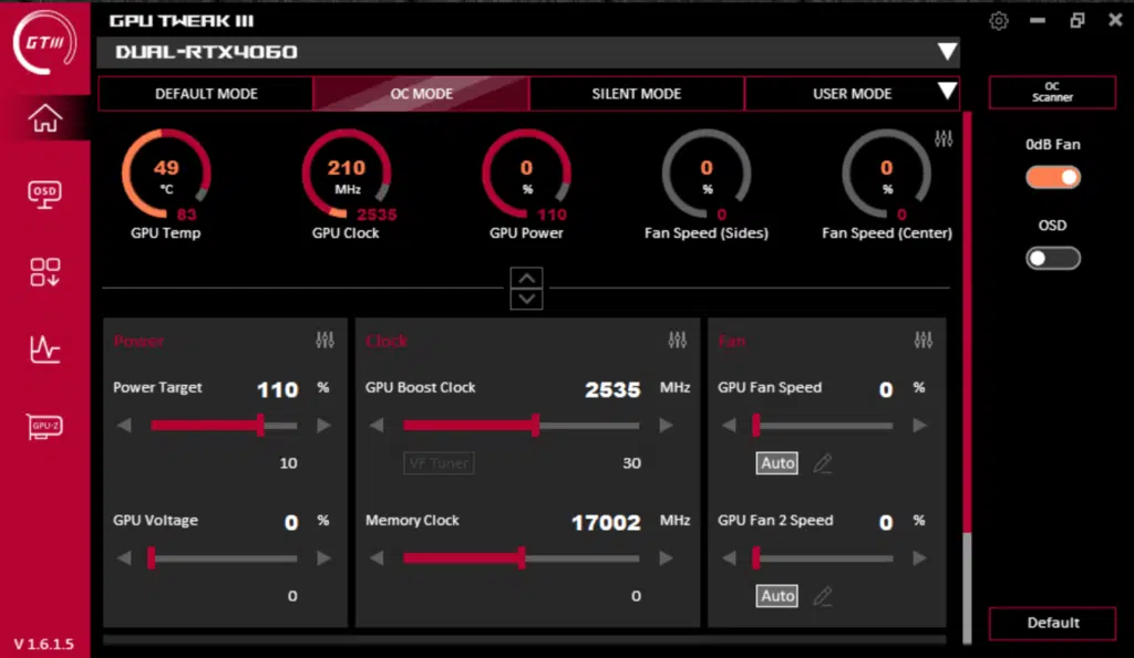 ASUS Dual GeForce RTX 4060 OC Edition OC Mode GPU Tweak III Screenshot