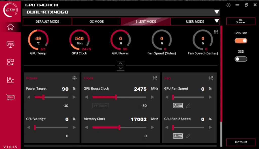 ASUS Dual GeForce RTX 4060 OC Edition Silent Mode GPU Tweak III Screenshot