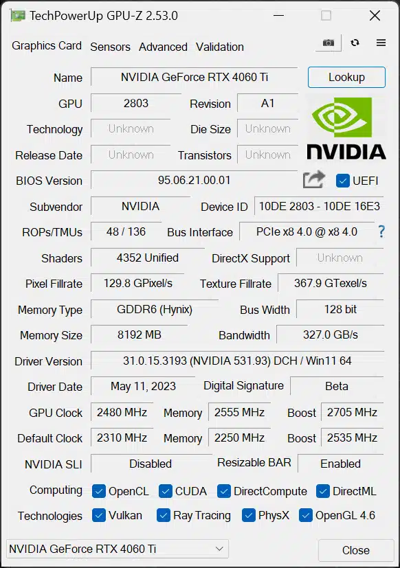 NVIDIA GeForce RTX 4060 Ti Founders Edition Overclocked GPU-Z