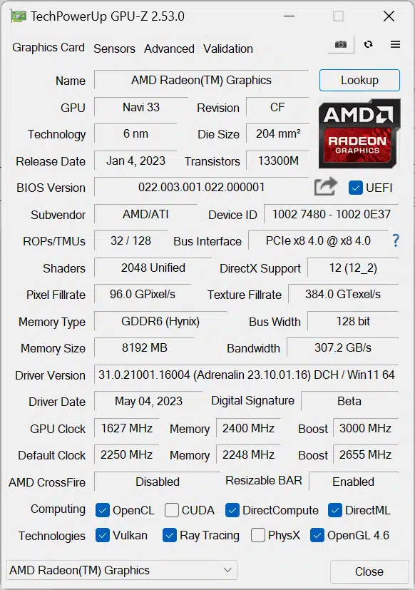 GPU-Z Overclocked Radeon RX 7600