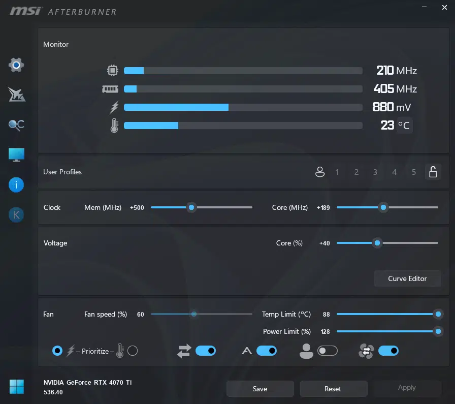 MSI GeForce RTX 4070 Ti SUPRIM X 12G: Afterburner Overclock settings