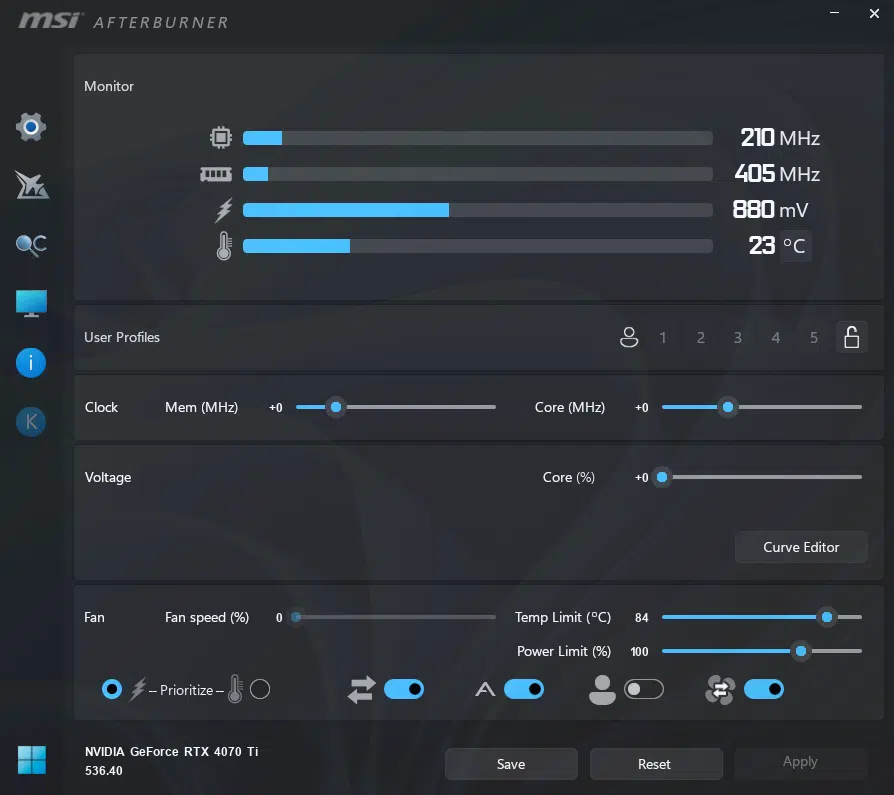 MSI GeForce RTX 4070 Ti SUPRIM X 12G: Afterburner default settings