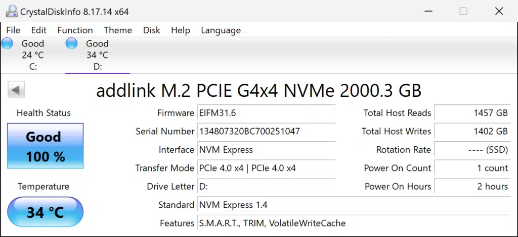 addlink S95 2TB PCIe Gen4 M.2 NVMe SSD crystaldiskinfo screenshot