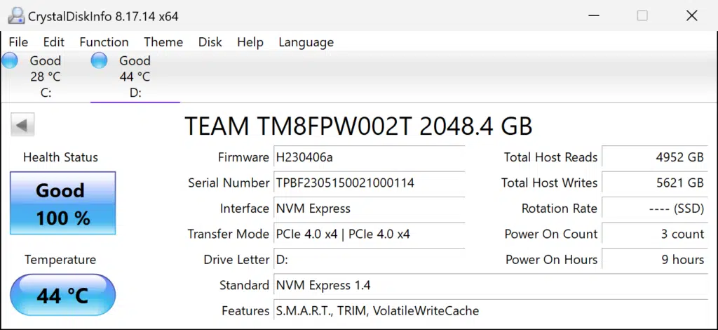 TEAMGROUP MP44 2TB PCIe Gen4 M.2 NVMe SSD CrystalDiskInfo