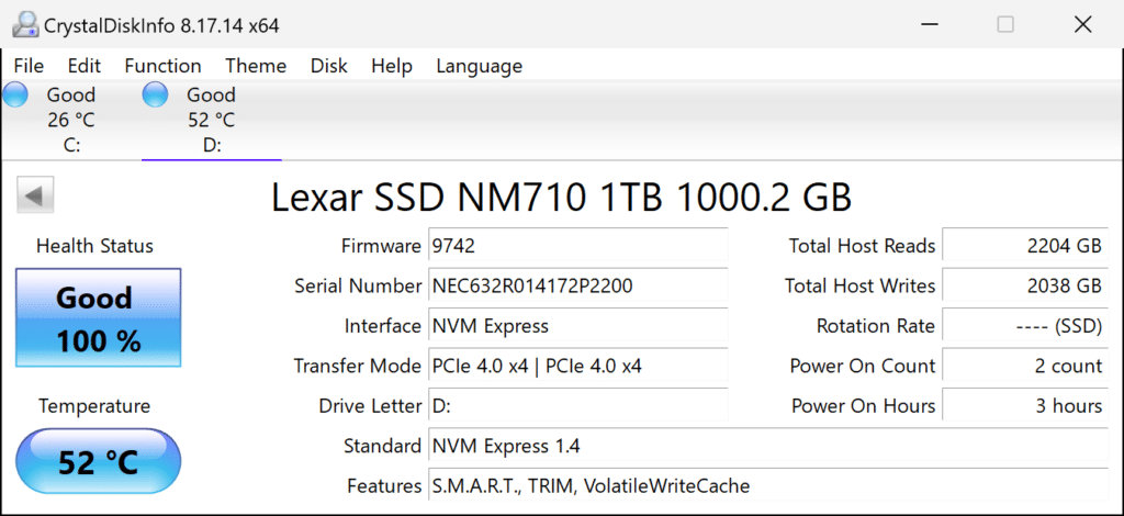 Lexar NM710 1TB PCIe Gen4 M.2 NVMe SSD CrystalDiskInfo Screenshot
