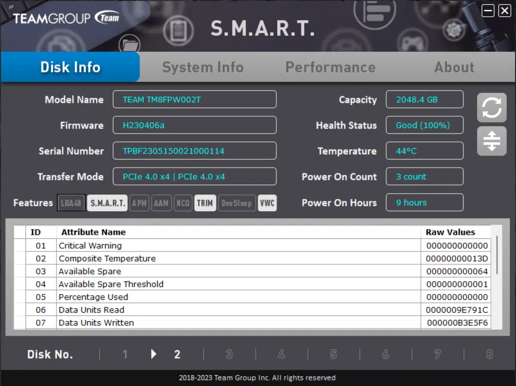 TEAMGROUP MP44 2TB PCIe Gen4 M.2 NVMe SSD TEAMGROUP S.M.A.R.T. Tool