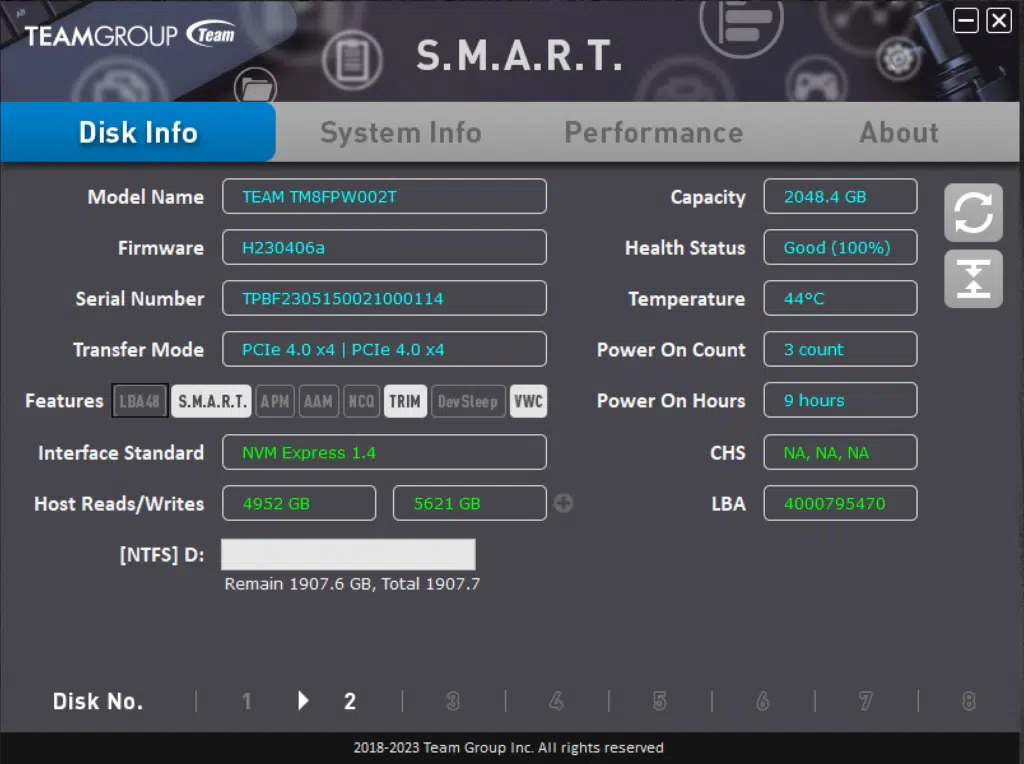 TEAMGROUP MP44 2TB PCIe Gen4 M.2 NVMe SSD TEAMGROUP S.M.A.R.T. Tool