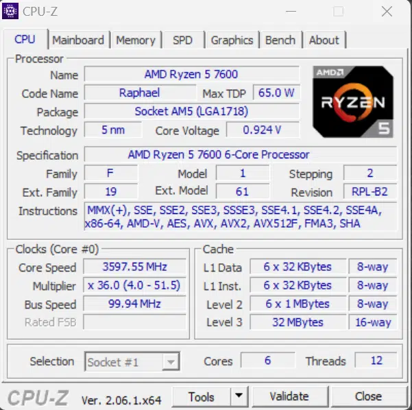 AMD Ryzen 5 7600 CPU CPU-Z Screenshot