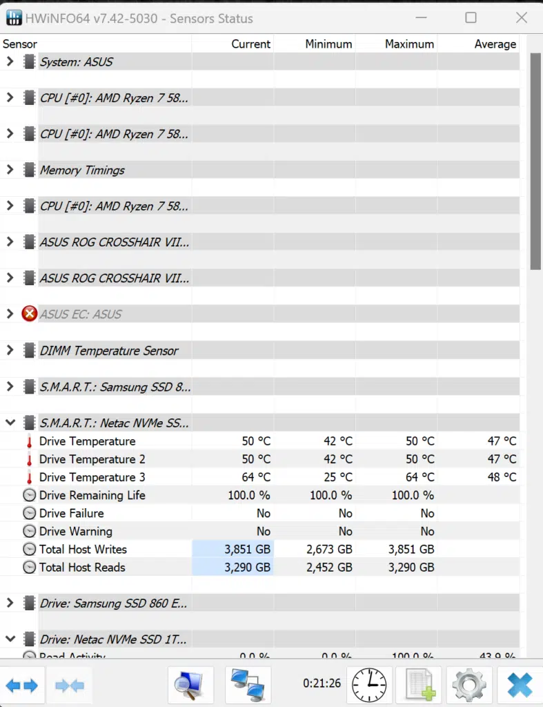 Netac NV7000-t 1TB PCIe Gen4 M.2 NVMe SSD HWiNFO64 Screenshot
