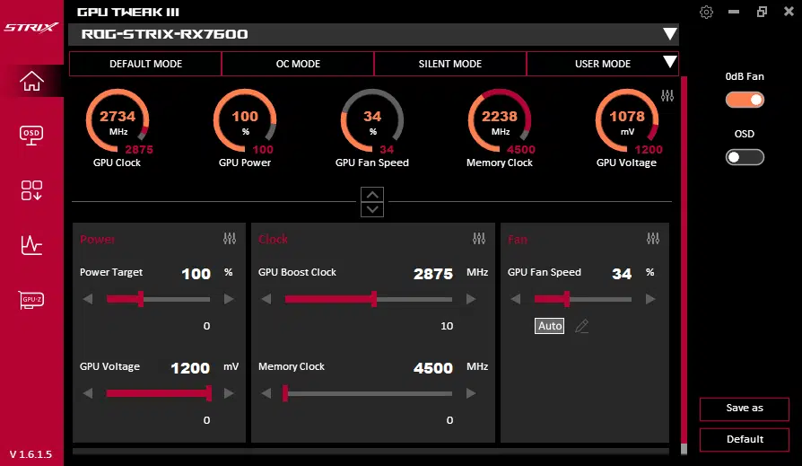 ASUS ROG Strix Radeon RX 7600 OC Edition: ASUS GPU Tweak III default