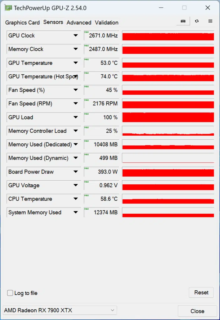MSI AMD Radeon RX 7900 XTX GAMING TRIO CLASSIC: GPUZ sensor overclocked
