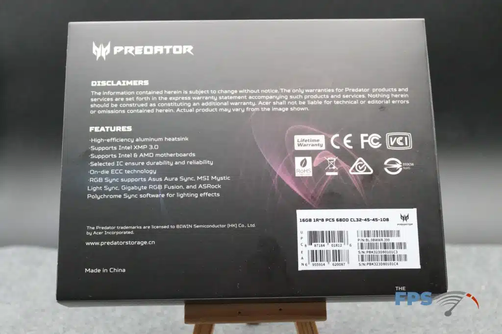 Acer Predator Hermes 6800MHz memory kit box rear