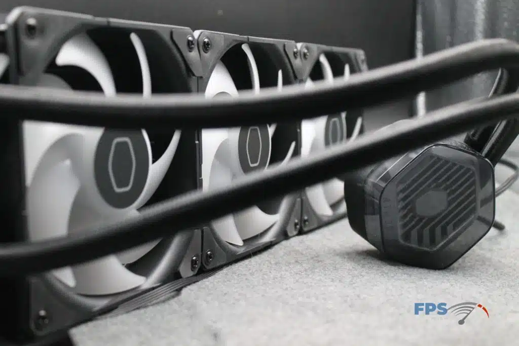 Cooler Master MASTERLIQUID 360 ATMOS radiator with cold block angled view