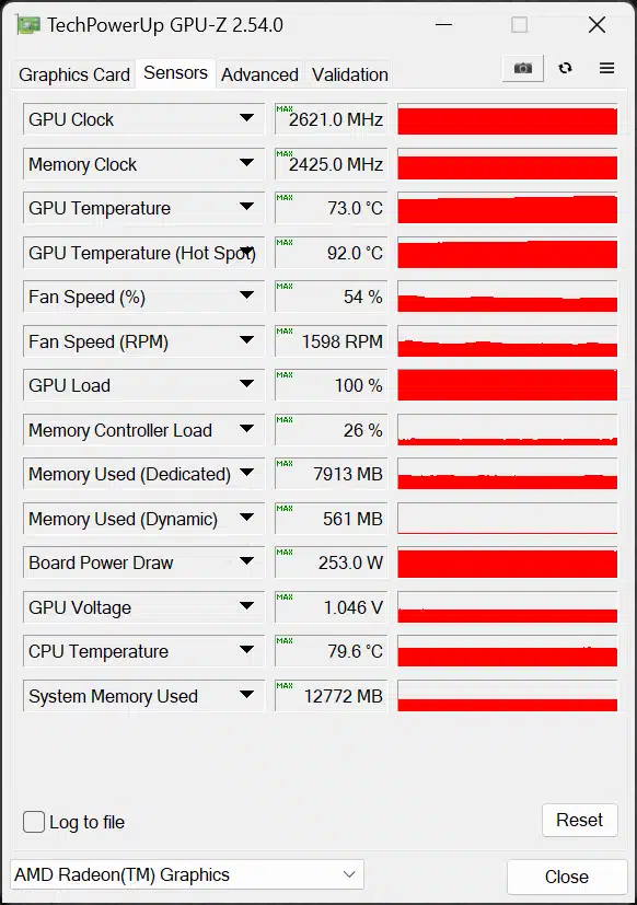 GPU-Z Sensors Screenshot