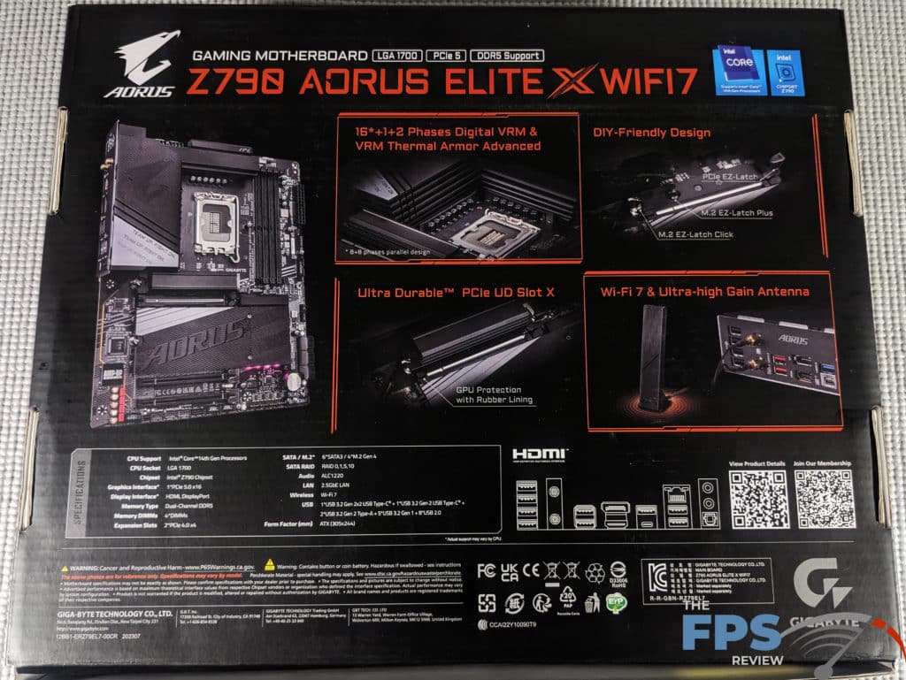 GIGABYTE AORUS Z790 ELITE X WiFi7 motherboard box back.