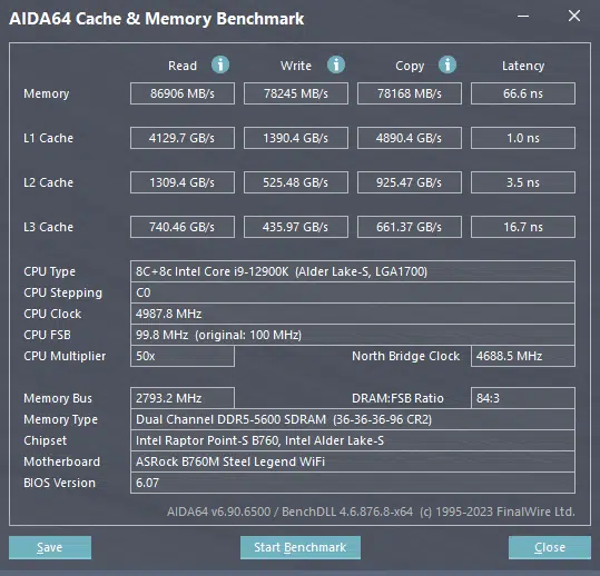 ASRock B760M STEEL LEGEND WiFi AIDA 64 cache and memory test results.