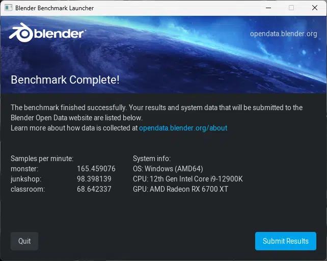 ASRock B760M STEEL LEGEND WiFi Blender Benchmark Results.