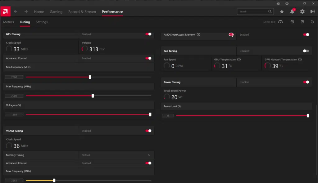 ASUS TUF Gaming Radeon RX 7800 XT OC Edition Radeon Software Overclocking Screenshot