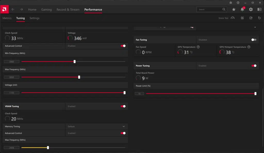 ASUS TUF Gaming Radeon RX 7700 XT OC Edition Radeon Software Performance Tuning Overclock Screenshot
