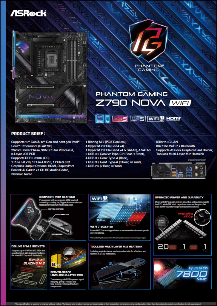 ASRock Phantom Gaming Z790 NOVA WIFI Motherboard Product Spec