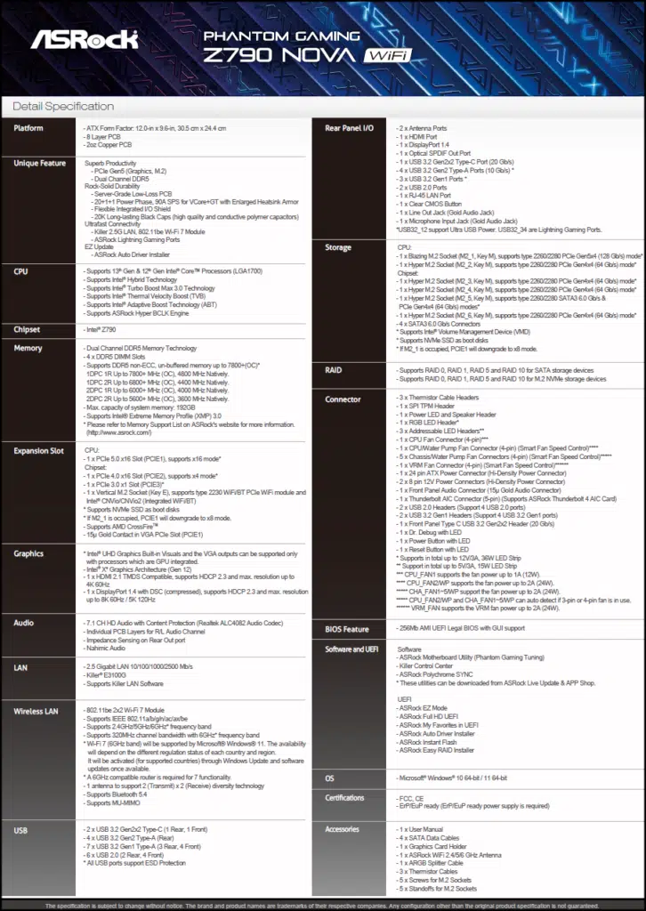 ASRock Phantom Gaming Z790 NOVA WIFI Motherboard Product Spec