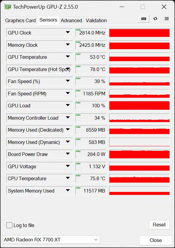 ASUS TUF Gaming Radeon RX 7700 XT OC Edition GPU-Z Sensor Data Overclocked Screenshot